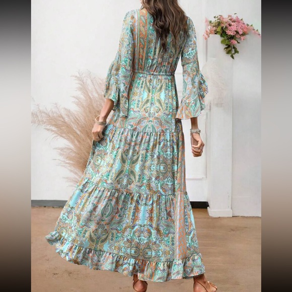 Boho Floral Print Paisley Flare Sleeve Ruffle Hem Maxi Dress - Picture 2 of 11
